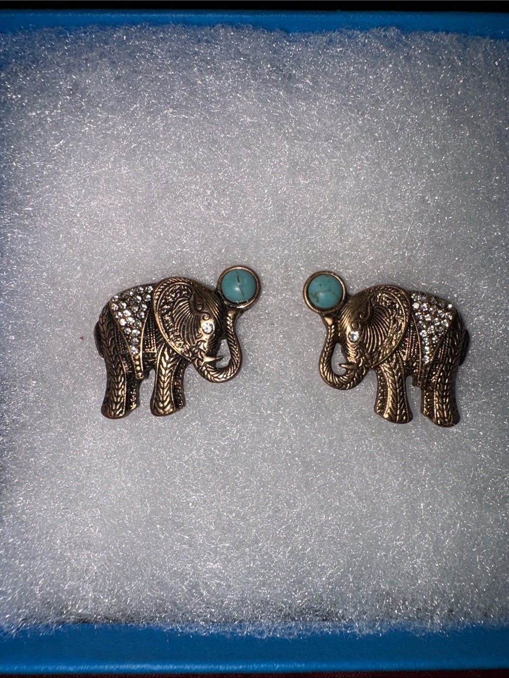 Vintage-Style Gold Elephant Earrings Pair with Turquoise and Clear Crystals